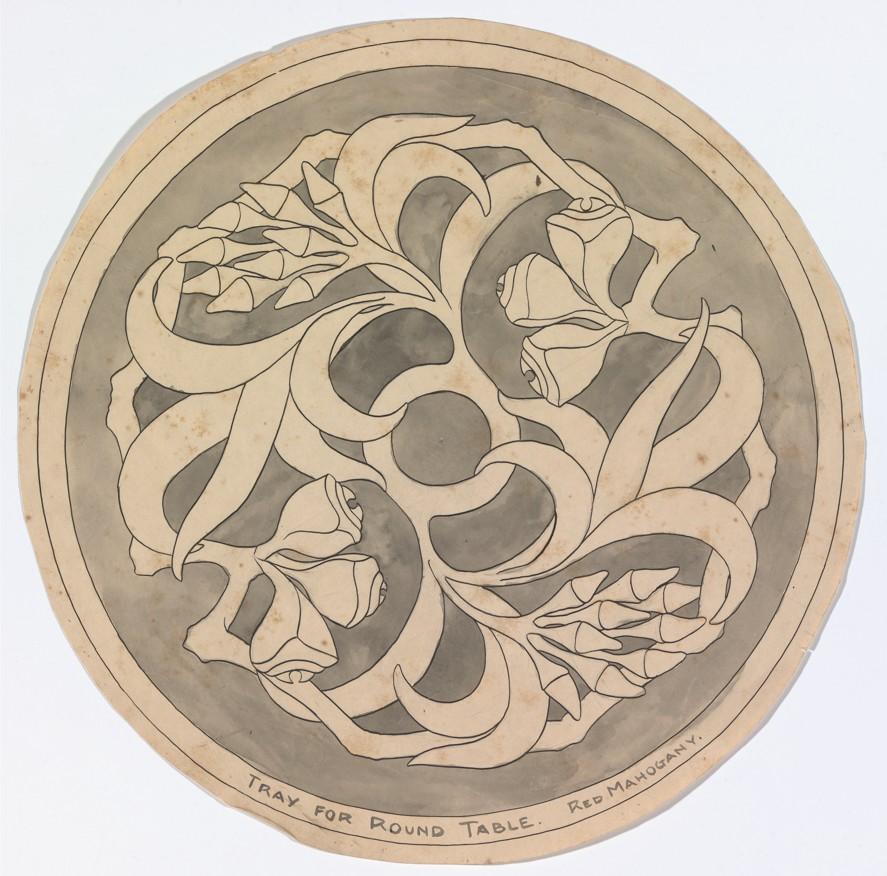 Sketch design for a round tabletop featuring a eucalypt motif 