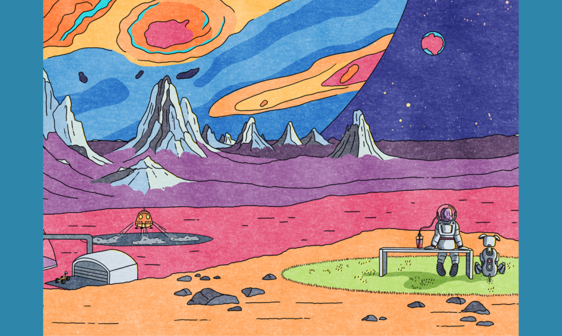 Very colourful landscape, on an presumably alien planet with an astronaut and robo-dog in the bottom right hand corner