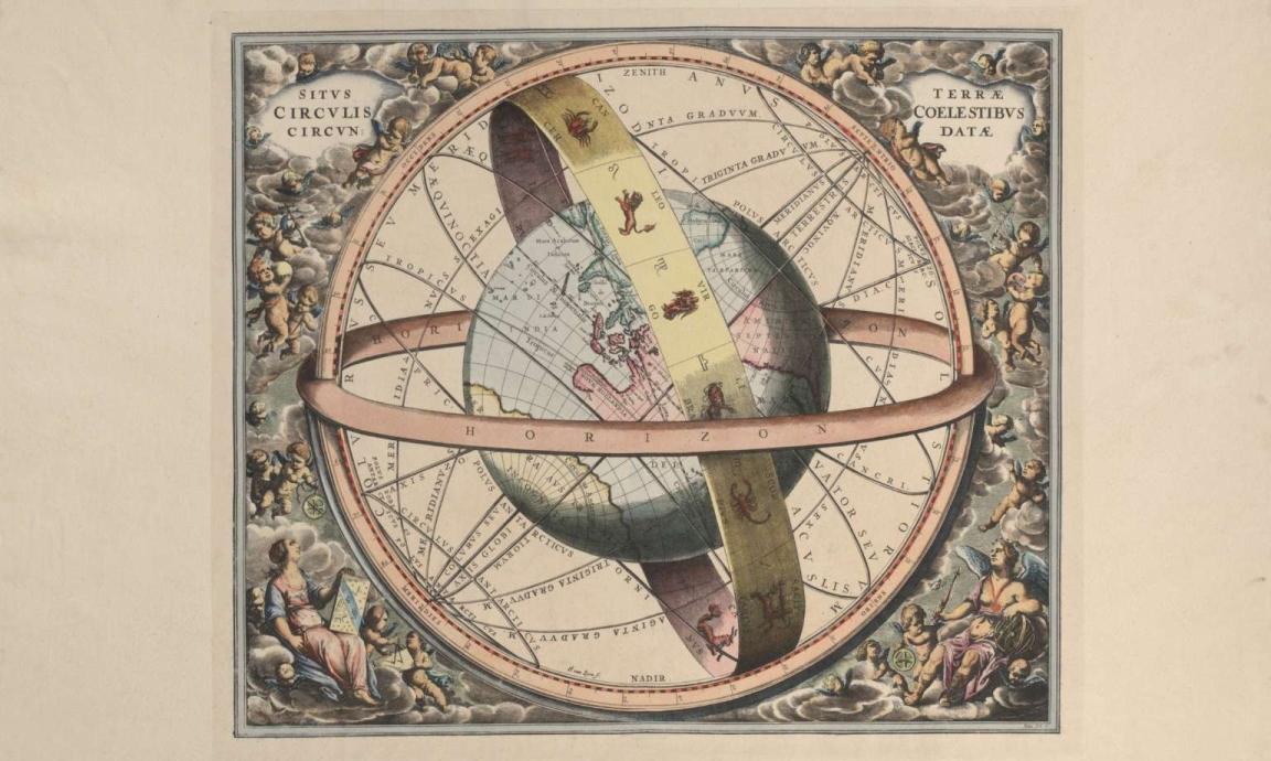 An antique, detailed celestial globe illustration, featuring constellations, lines of latitude and longitude, and astronomical markings.