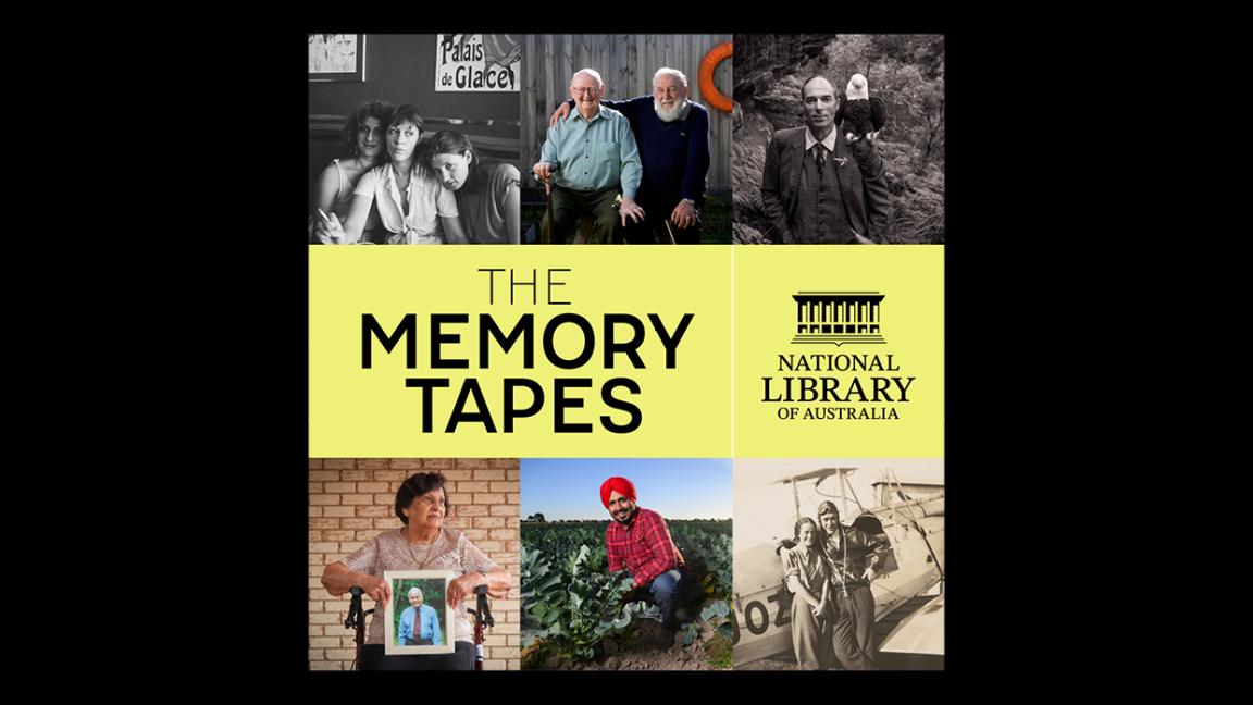 Collection of various portraits, from groups of people to individuals, with the title 'The Memory Tapes' on a yellow back