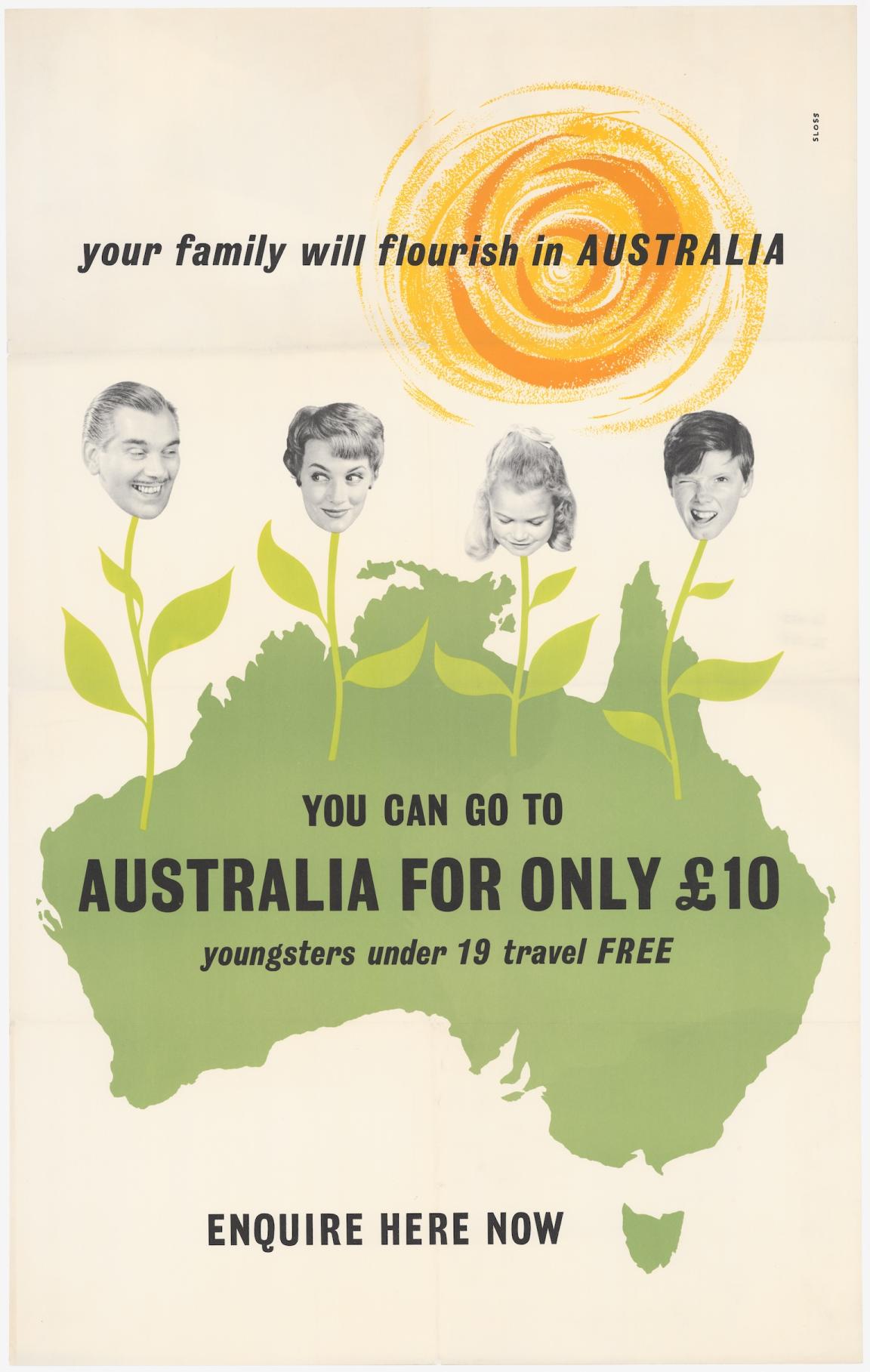 Poster with the faces of a family on green plants growing out of Australia, with a sun shining in the corner and text reading 'your family will flourish in AUSTRALIA. You can go to Australia for only 10 pounds. Youngsters under 19 travel FREE'