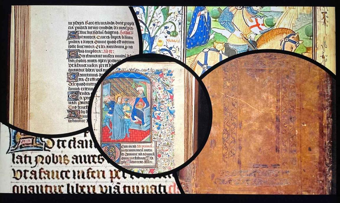 A collage of close-up sections of a colourful medieval manuscript