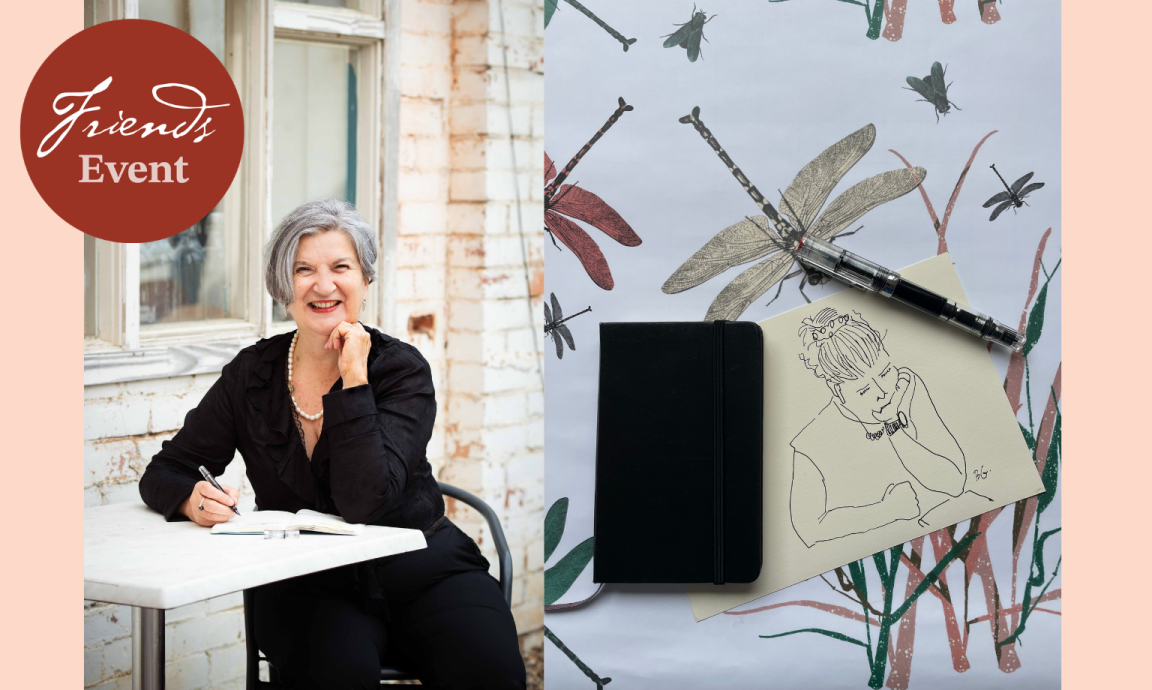 A split image featuring a smiling older woman in a black top sitting at a table on the left, and a flat lay of art supplies, including a sketchbook with a drawing of a person, a black folio, and a dragonfly illustration on a patterned background on the right.