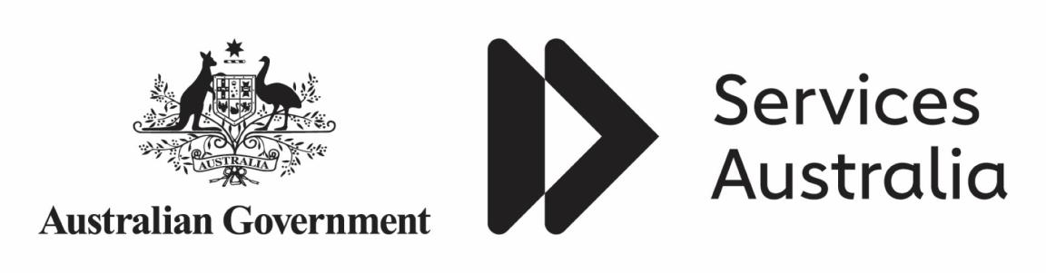 Logo featuring the Australian Coat of Arms next to a play button icon and the text Services Australia.