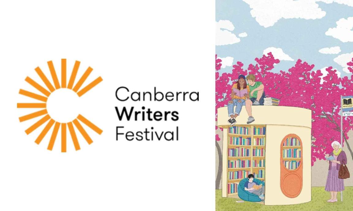The black text of the Canberra Writers Festival logo is pictured beside an illustration of people reading at a Canberra concrete bus shelter with pink blossom tree in the background