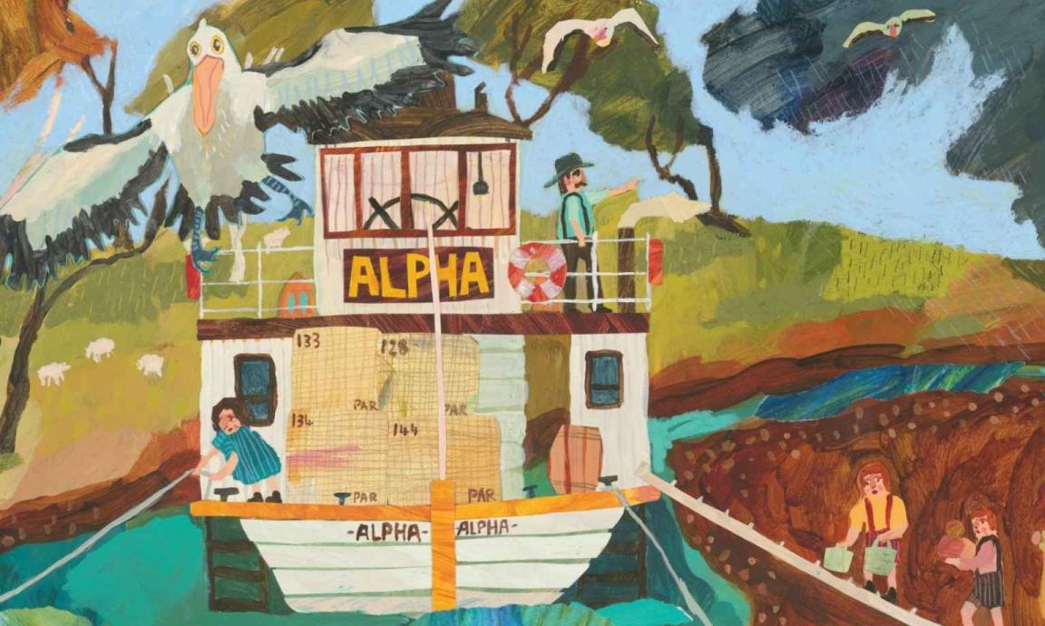 Illustration of a paddle steamer boat on a river with a large pelican in the top left corner, and people digging in the dirt on shore