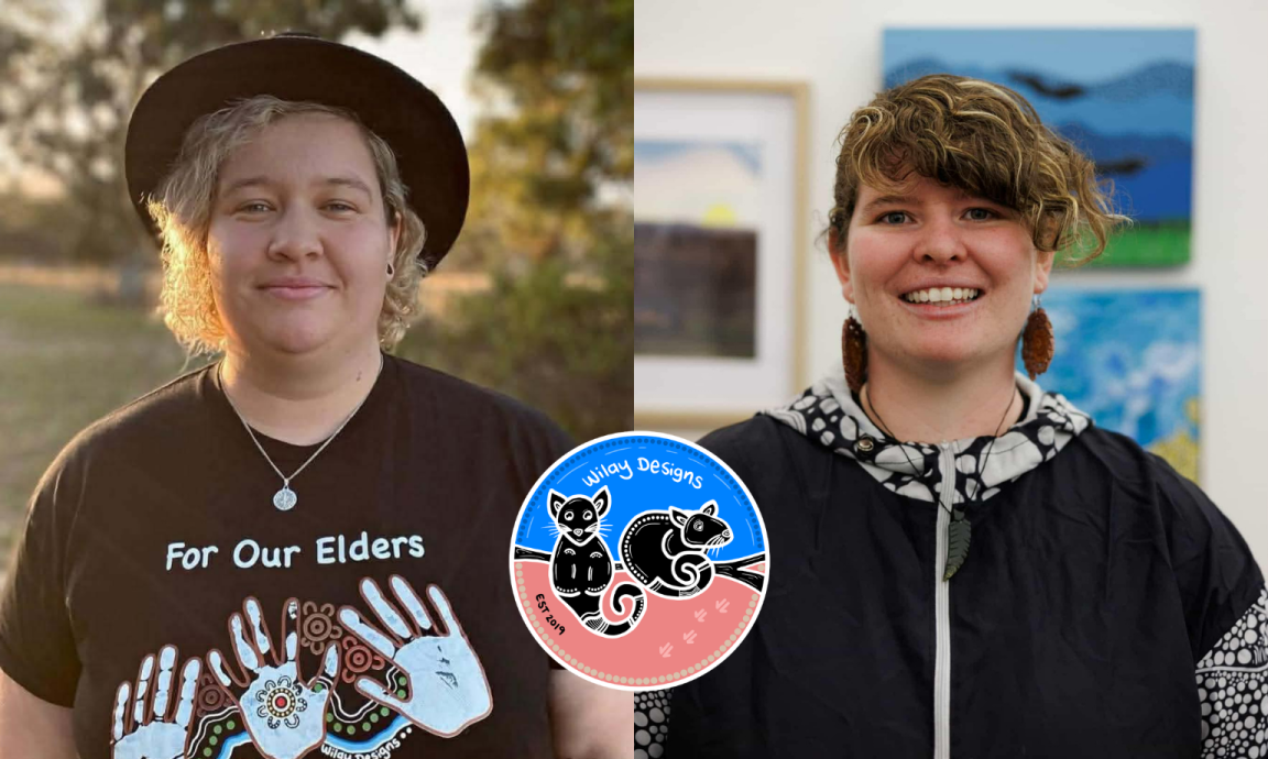 A split image featuring two women. On the left, a woman with curly hair and a black hat wears a t-shirt with Aboriginal art and the text 'For Our Elders'. On the right, a smiling woman with curly hair and large earrings stands in front of artwork. A circular logo for 'Wilay Designs' with two illustrated possums is centered between them.