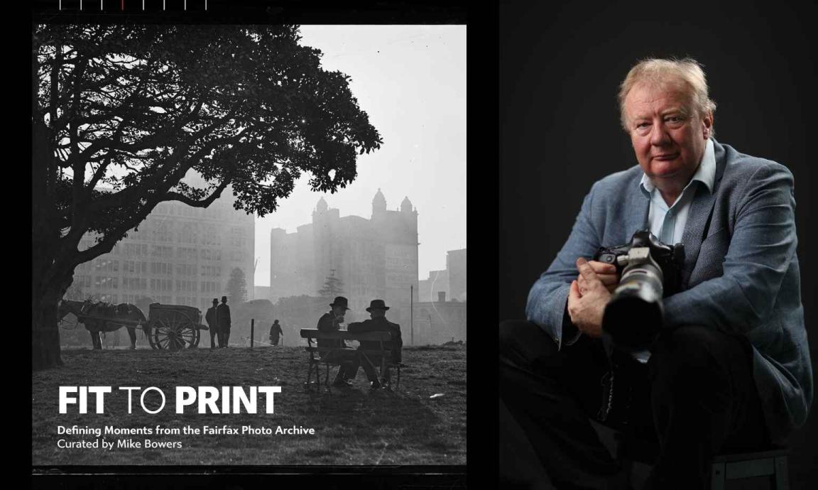 The Fit to Print book cover featuring two men sitting on a park bench under a tree with city skyline and horse and cart in the background, is pictured alongside a portrait of Mike Bowers holding a camera