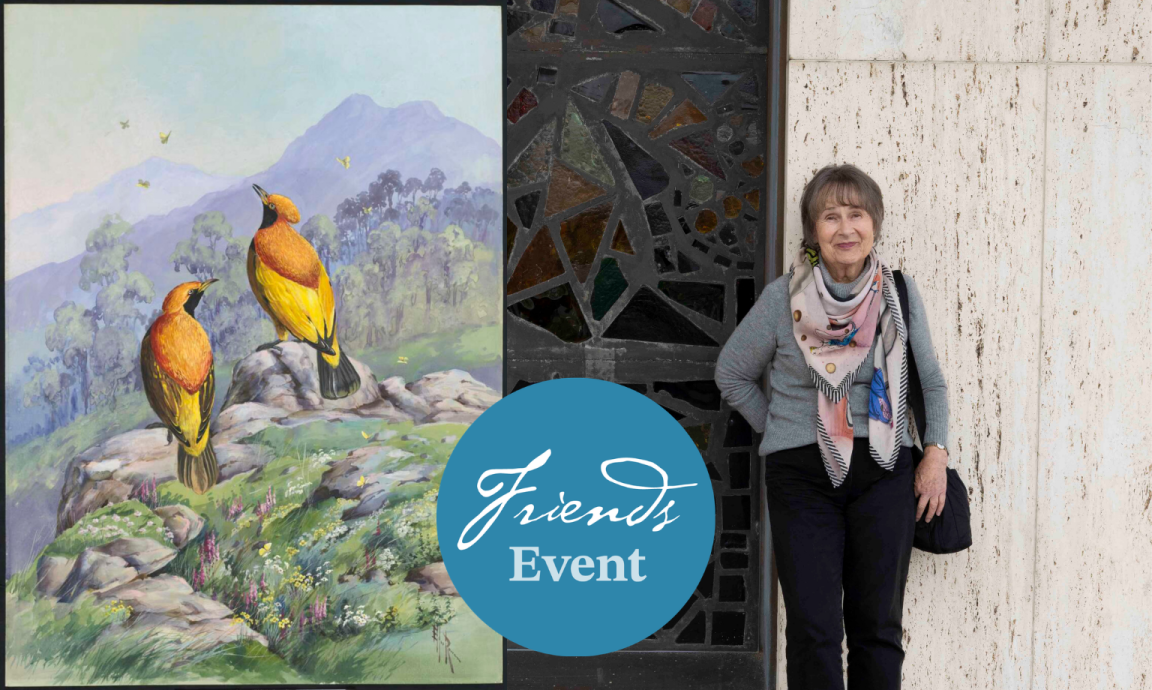 An older woman stands beside a large painting of two vibrant yellow birds on a rocky hillside with mountains in the background, next to a stained-glass window; a blue circular graphic reads 'Friends Event' in the foreground.