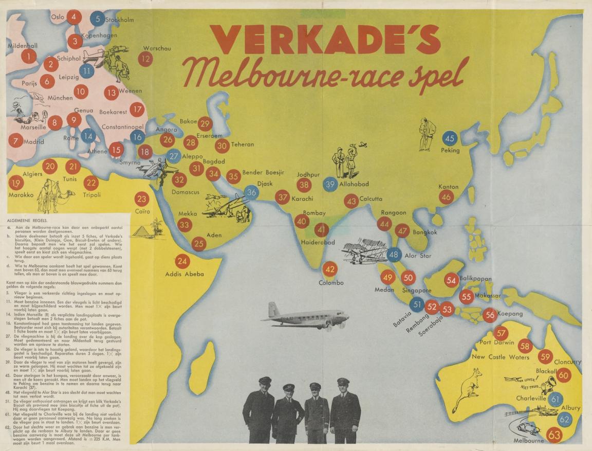Colourful board game where the board shows part of a world map with red and blue circles marking cities along the path of the 1934 MacRobertson International Air Race from London to Melbourne
