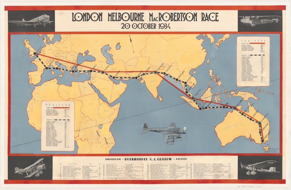 Colourful board game where the board shows a blue and yellow world map, with a black line depicting the path of participants of the MacRobertson International Air Race from London to Melbourne