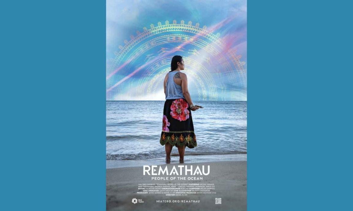 A film poster featuring a woman standing in ankle-deep water at the beach, looking towards a sky featuring a stylised rainbow