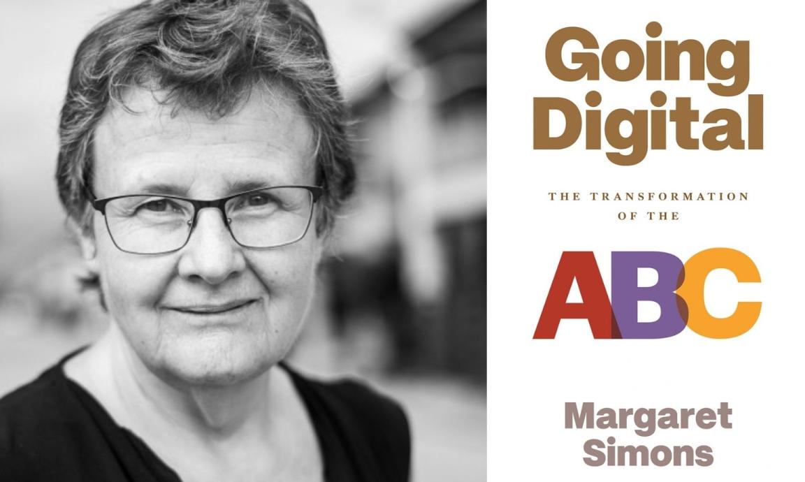 A sepia portrait of Margaret Simons, author of the book 'Going Digital: The Transformation of the ABC'. The book cover, featuring colorful lettering for 'ABC', is displayed to her right.