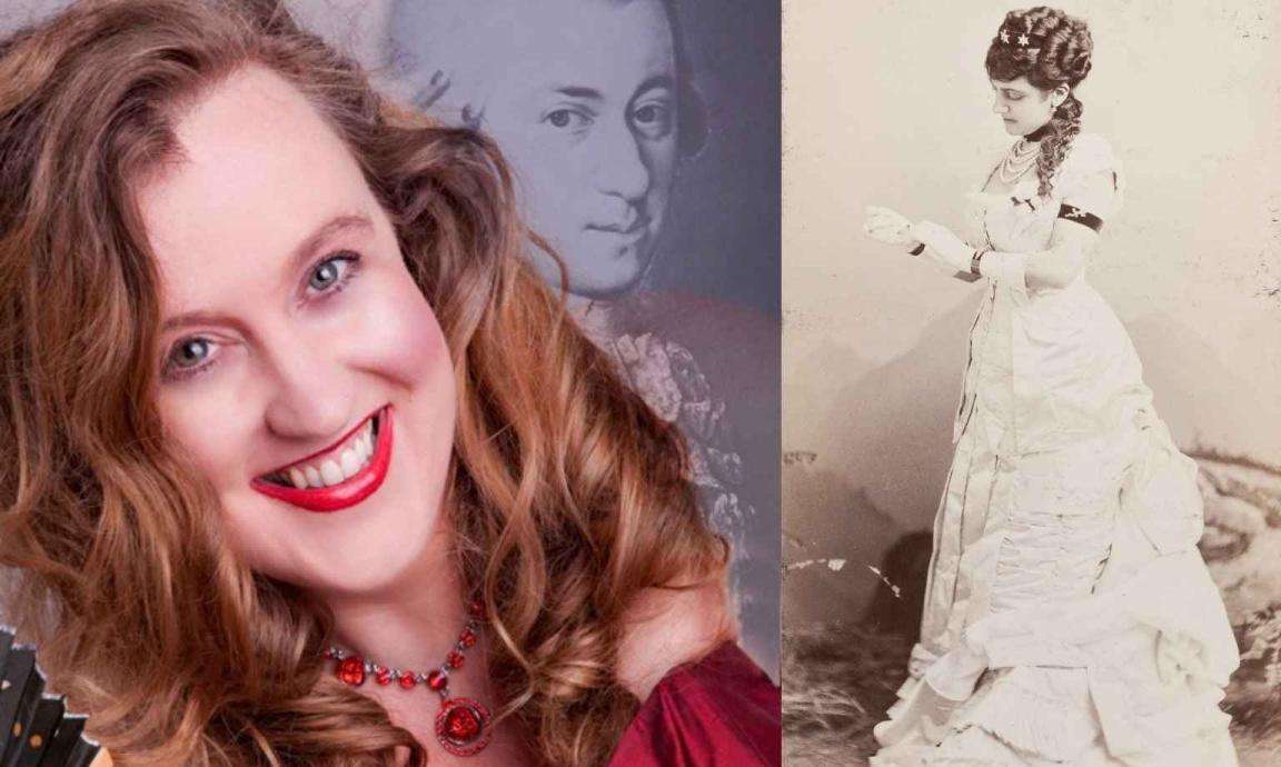 This image is a side-by-side composite. On the left, a modern, brightly lit portrait features a smiling woman with long, wavy brown hair and bright red lipstick. She wears a red top and a red beaded necklace and looks directly at the camera. Behind her, a faded, blue-toned portrait of a man in historical attire is visible. On the right, a sepia-toned, vintage photograph shows a woman in an elaborate white Victorian-era gown with ruffles and lace, standing in profile and looking down. 