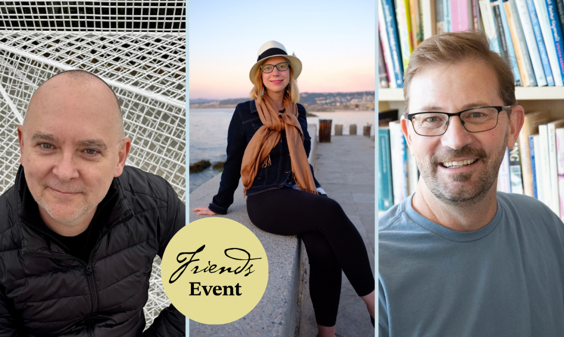 A promotional image for a 'Friends Event' featuring three smiling individuals: a man in a black jacket near a white grid structure, a woman in a hat and scarf sitting by a waterfront at sunset, and a man in glasses in front of a bookshelf.