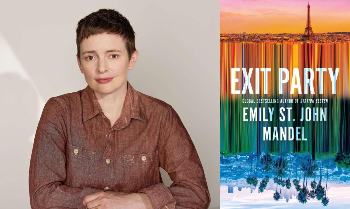 A split image of author Emily St John Mandel on the left, wearing a brown shirt with arms crossed, and the cover of her book 'Exit Party' on the right. The book cover shows a stylized, colorful reflection of a cityscape.