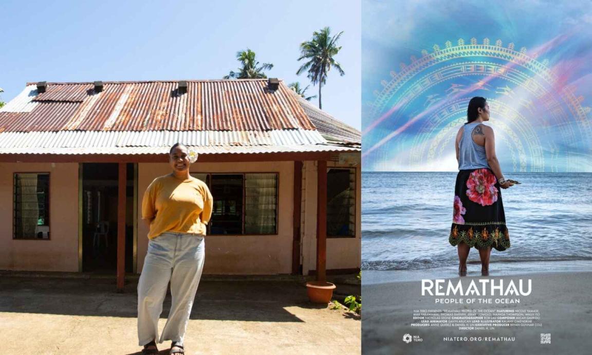 A woman wearing an orange shirt and a flower in her hair is pictured in front of a cottage with rusted corrugated roof under a blue sky with palm tree in the background. A second image is a film poster for Remathau: People of the Ocean