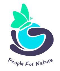 A logo featuring a stylized green butterfly resting on a blue circular shape, which is embraced by a dark purple curved line forming a 'G' shape. Below, the text 'People For Nature' is written in a cursive font.