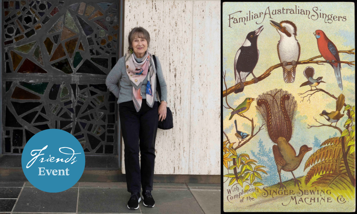 An older woman stands beside a large painting of two vibrant yellow birds on a rocky hillside with mountains in the background, next to a stained-glass window; a blue circular graphic reads 'Friends Event' in the foreground.