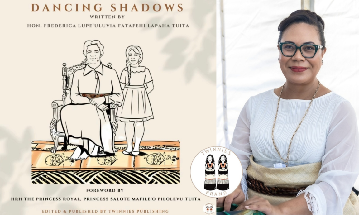Book cover for 'Dancing Shadows' by Hon. Frederica Lupe'uluvia Fatafehi Lapaha Tuita, featuring an illustrated seated woman and girl, alongside a photo of the author wearing glasses and traditional attire.