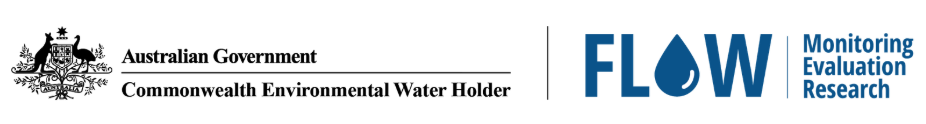A horizontal banner featuring the Australian Government Commonwealth Environmental Water Holder logo on the left, and the FLOW Monitoring Evaluation Research logo on the right, separated by a vertical line.