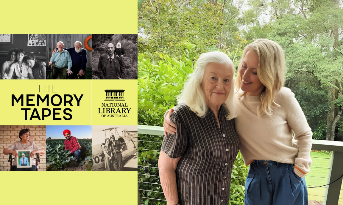 A promotional image for 'The Memory Tapes' by the National Library of Australia, featuring a collage of historical photographs on the left and a warm, outdoor portrait of an elderly woman and a younger woman embracing on the right.
