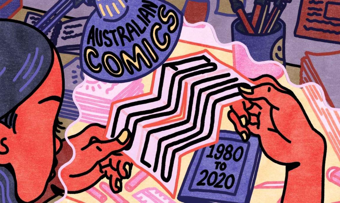 A stylized illustration depicts a person with red skin and a dark cap, holding a stack of comic books. A blue book cover displays '1980 TO 2020'. The background is a collage of comic-related items like pencils in a cup, rendered in a vibrant, graphic design style.
