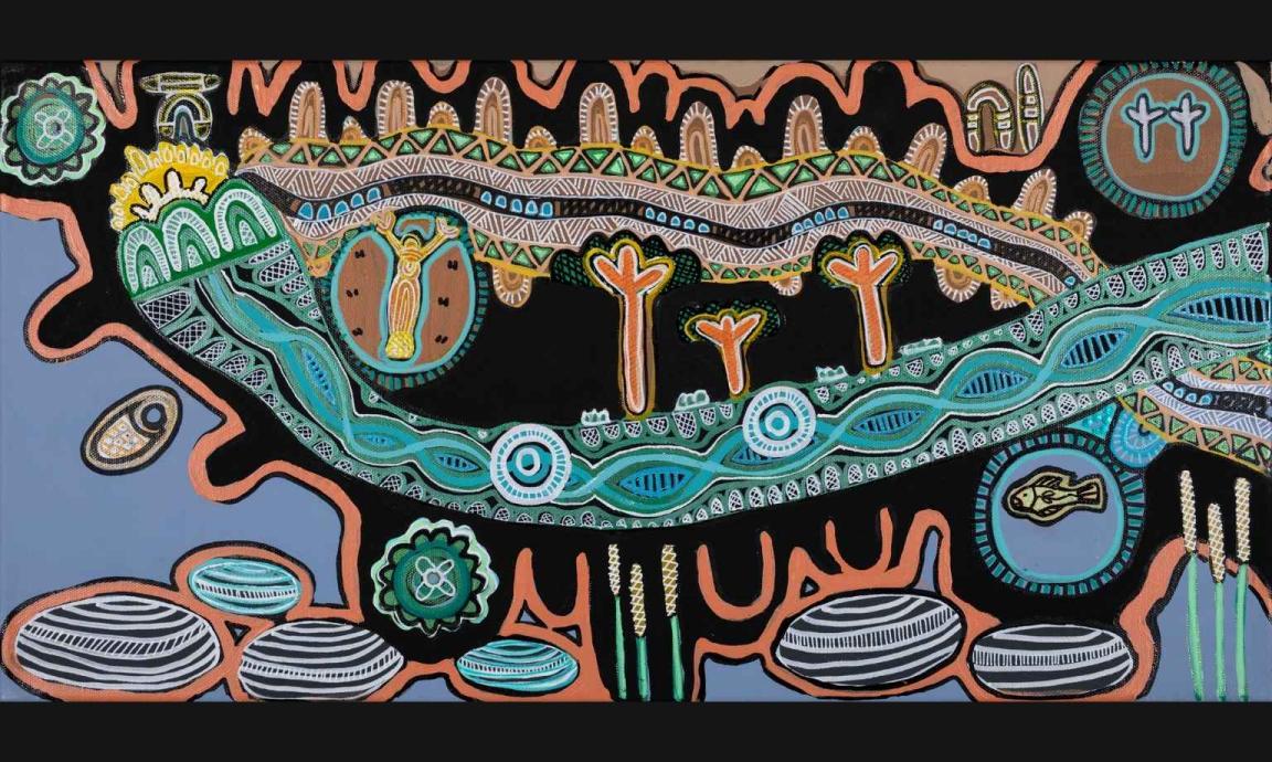 A vibrant Aboriginal dot painting, depicting traditional symbols and patterns in earthy tones against a black background.