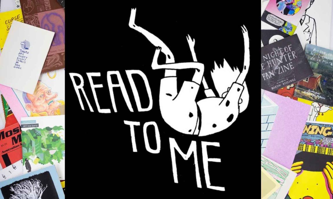 The Read to Me logo with white text on a black background is pictured atop a pile of zines and comic books scattered across a table