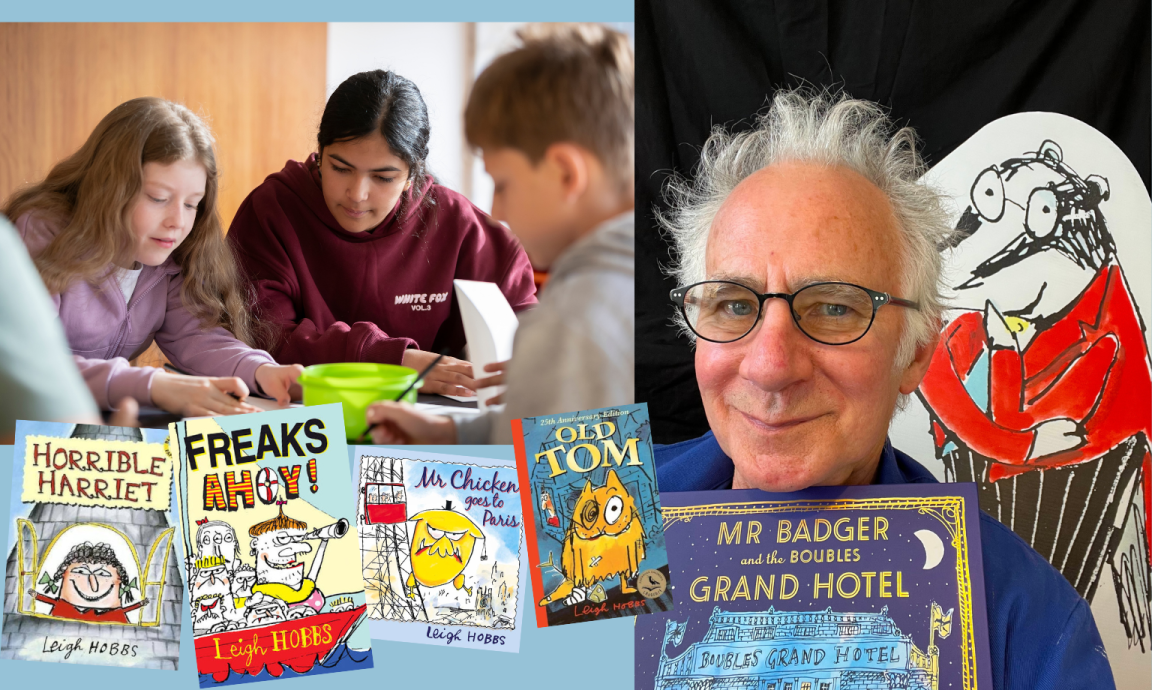 A collage featuring children engaged in a classroom activity alongside a collection of children's book covers by Leigh Hobbs, and a portrait of the author, Leigh Hobbs, holding one of his books and standing next to a large illustration of his character Mr. Badger.