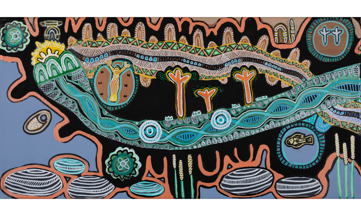 A vibrant Aboriginal dot painting, depicting traditional symbols and patterns in earthy tones against a black background.