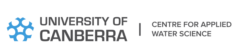 The logo for the University of Canberra's Centre for Applied Water Science, featuring a blue stylized water droplet icon next to the institution's name in bold grey text.