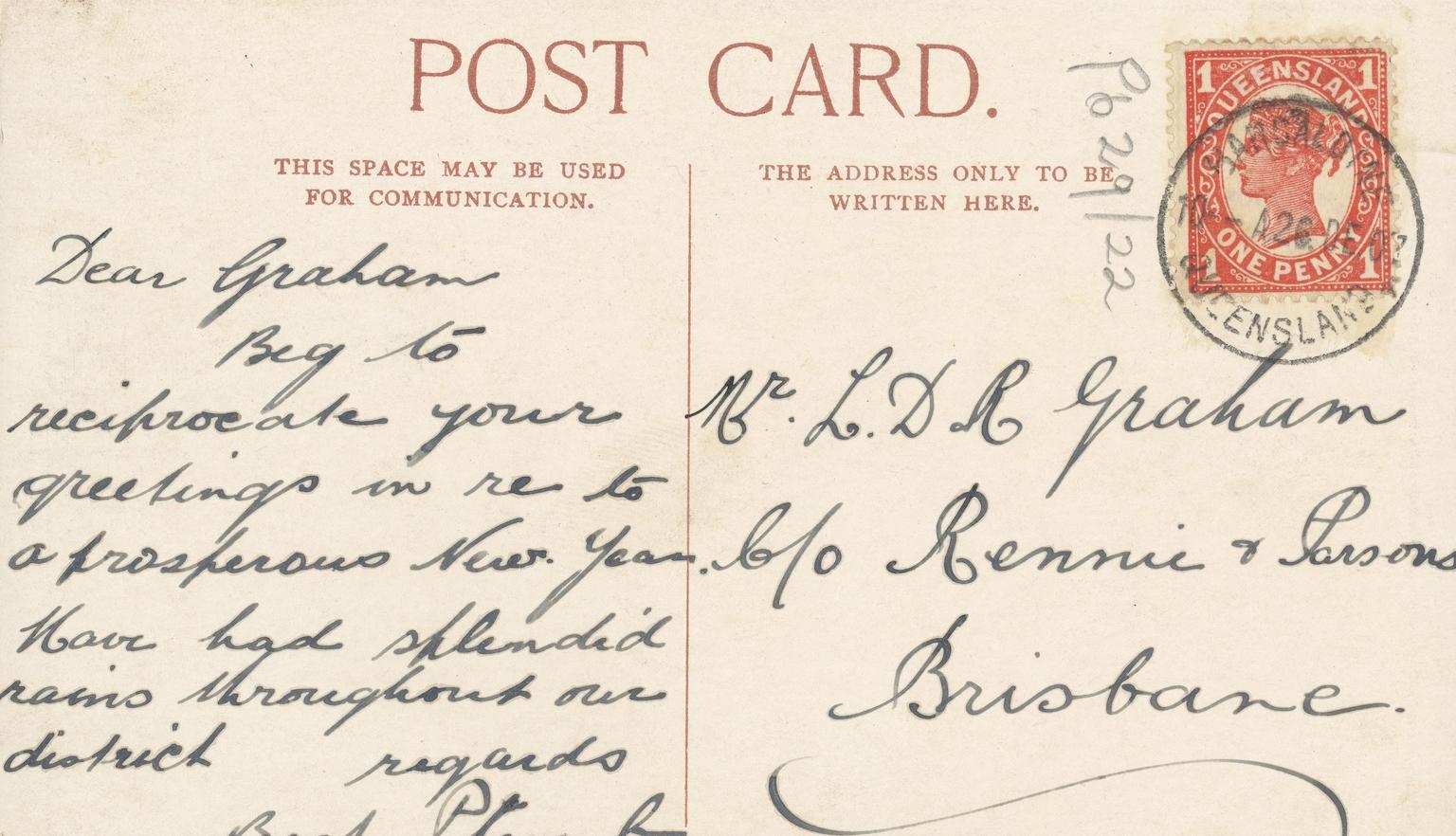 The pack of a postcard with a message wishing the recipient a prosperous new year.