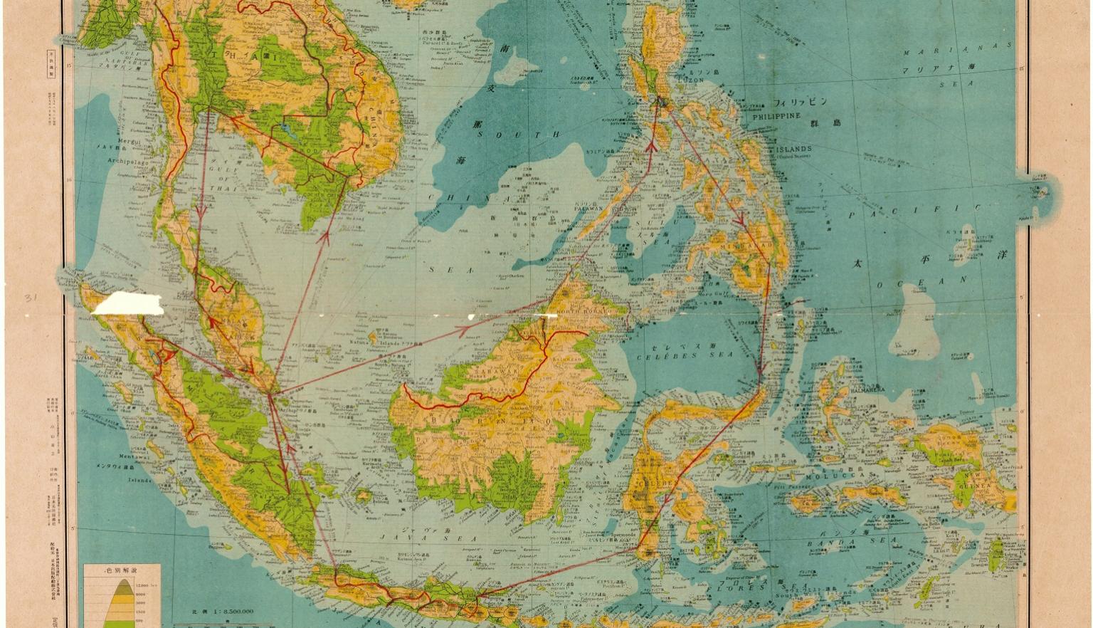Map of East India Islands, Dutch colonies, with Thailand, French colonies, Indochina and Malay Peninsula.