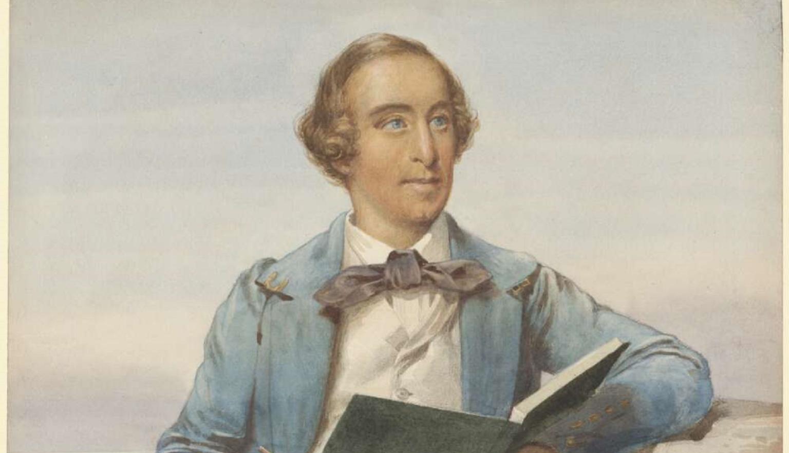 Painting of George French Angas, posed in a blue jacket and white pants, in front of a seaside backdrop.