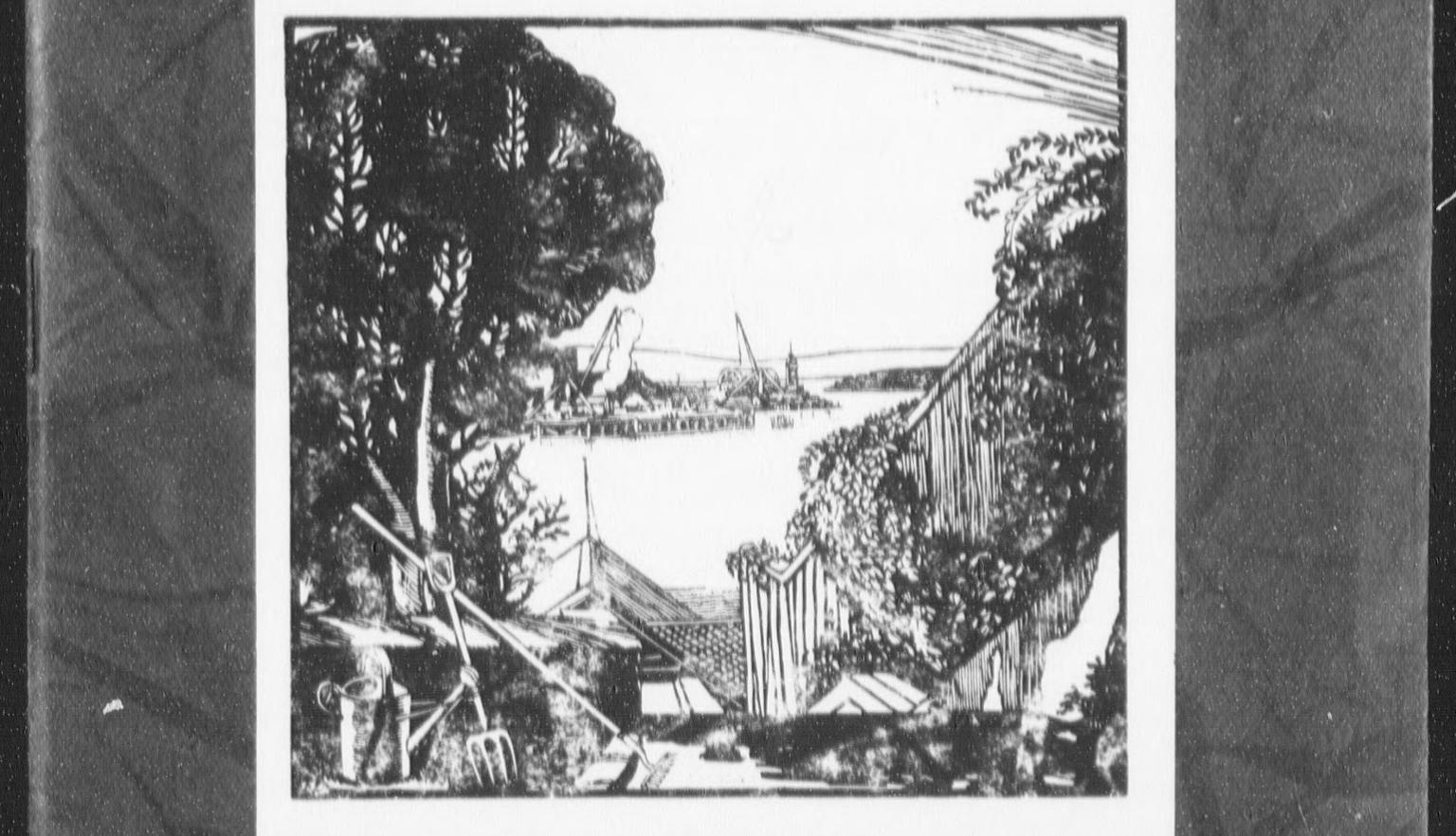 Black-and-white cover of 'Sydney Harbour' featuring a woodcut by Adrian Feint. The illustration shows a view from Old Milson's Point, with trees and a fence leading to the harbour, where a sailboat is visible in the distance.