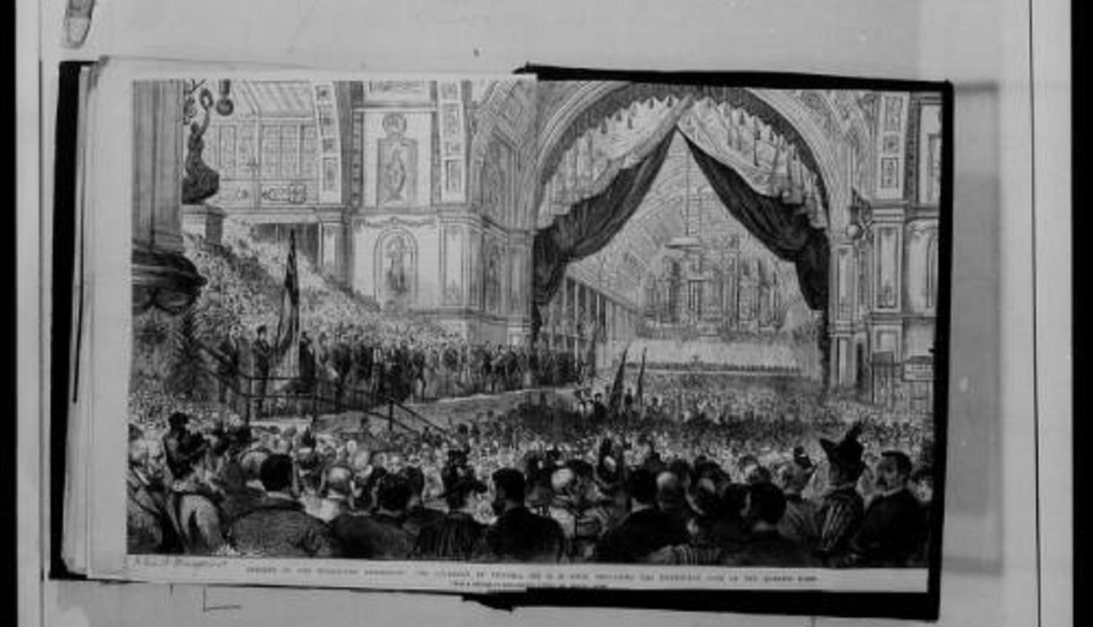 A black and white drawing depicting a very large crowed of people inside an ornate building watching a parade of people and flags entering the building.