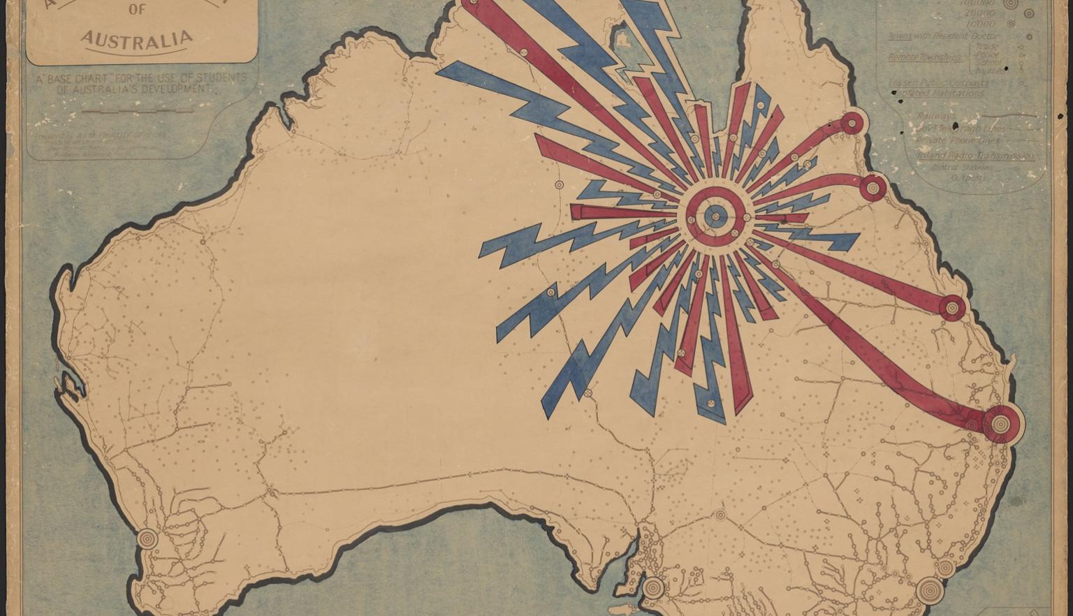 Map of Australia showing areas patrolled by the flying doctor service. 