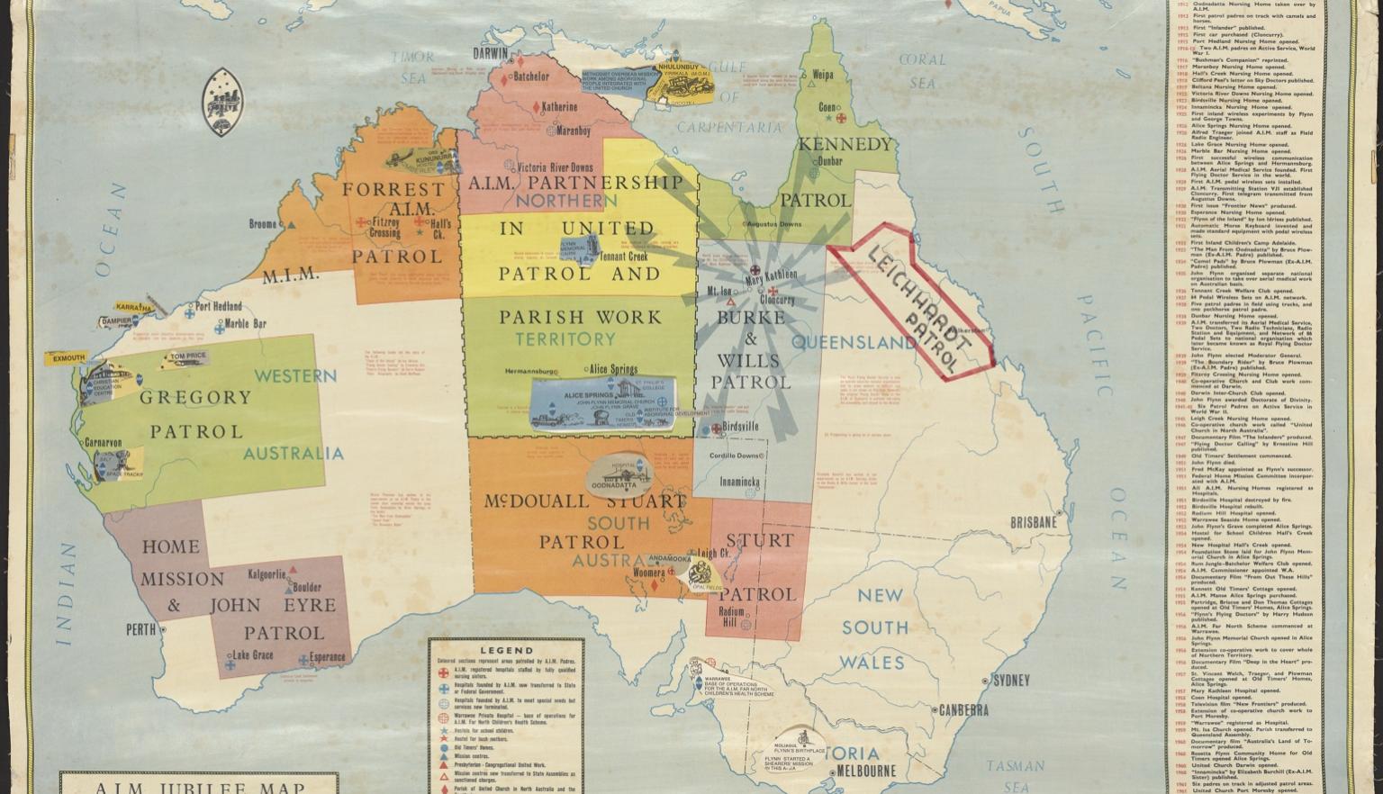 Map of Australia showing areas patrolled by Australian Inland Mission (A.I.M.)
