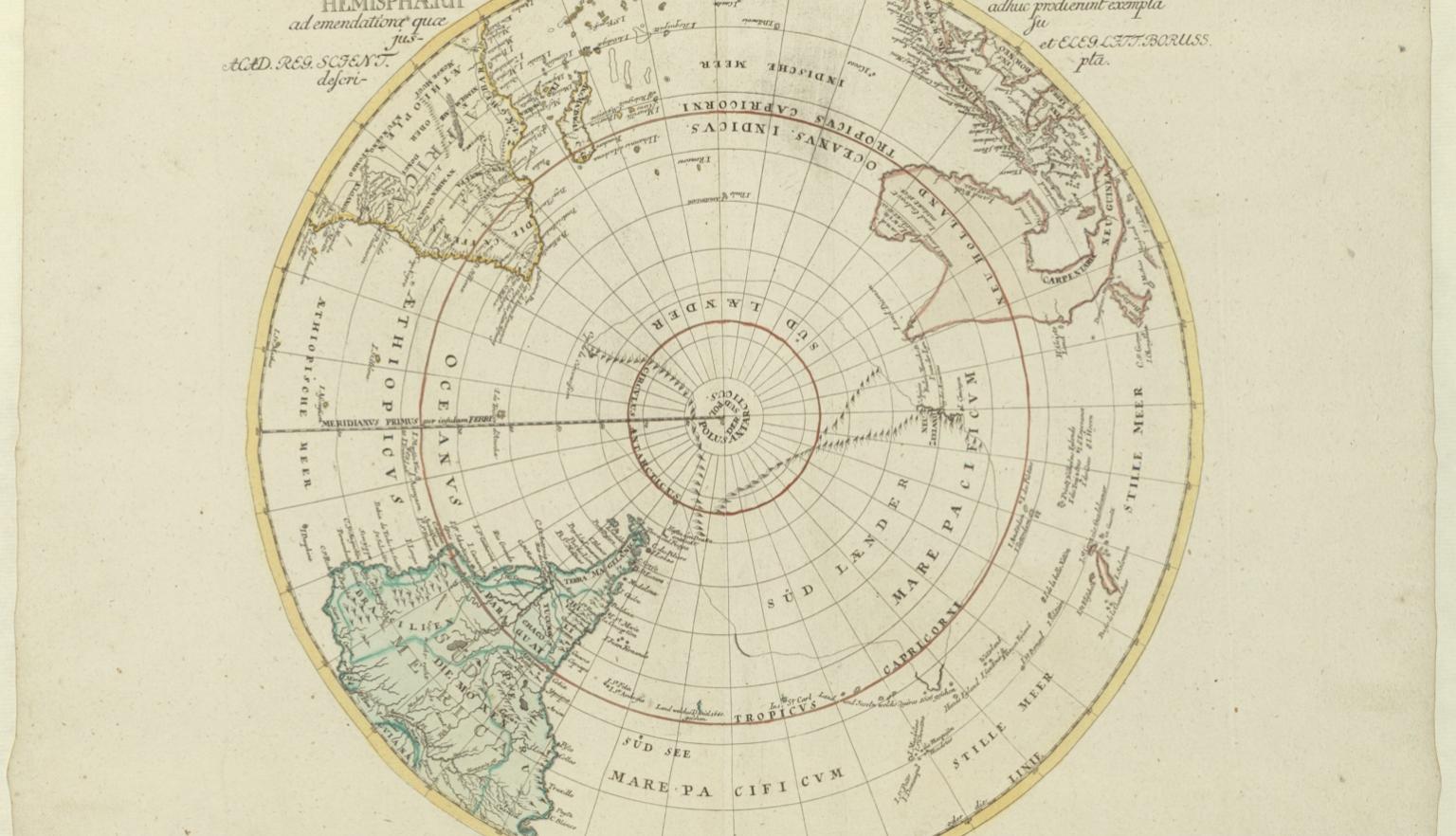 A vintage map of the Southern Hemisphere, titled "Tabula Hemisphaerii Australis." The map displays the continents surrounding the South Pole, including parts of South America, Africa, and Australia, with regions like New Guinea and New Zealand also visible. The map includes lines of latitude, longitude, and the Antarctic Circle, with some coastal areas marked by detailed geographic notations. The map is hand-colored and styled with cartographic elements typical of the 18th century.