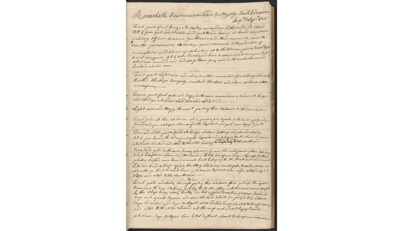 Cook's handwritten 1768 journal entry