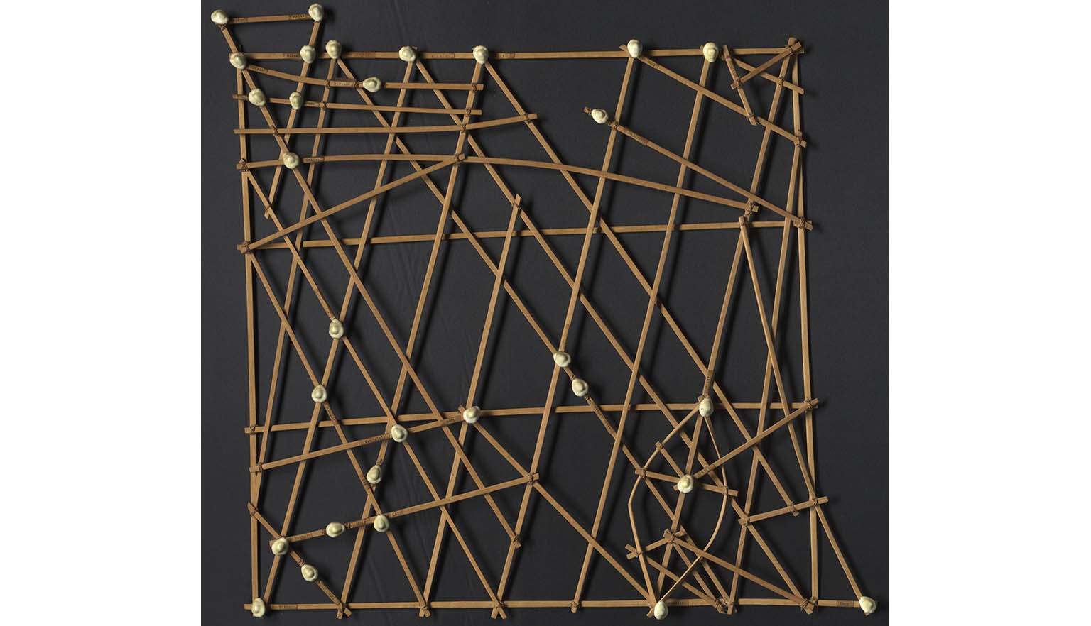 Chart indicates sailing directions for atolls and islands using sticks and shells