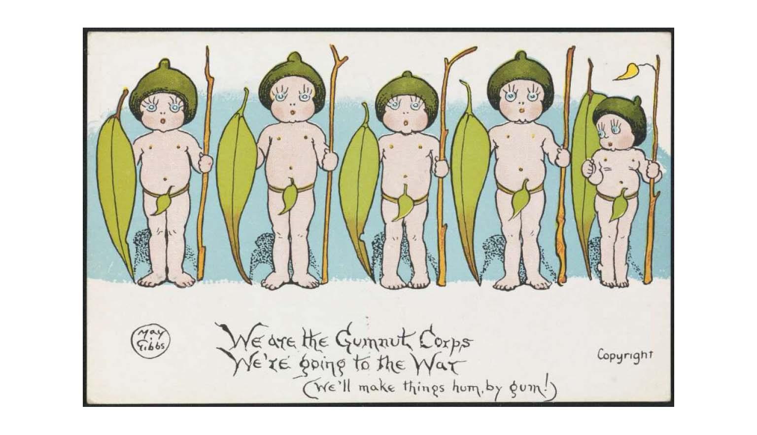 Five figures depicted on postcard with captioned rhyme.