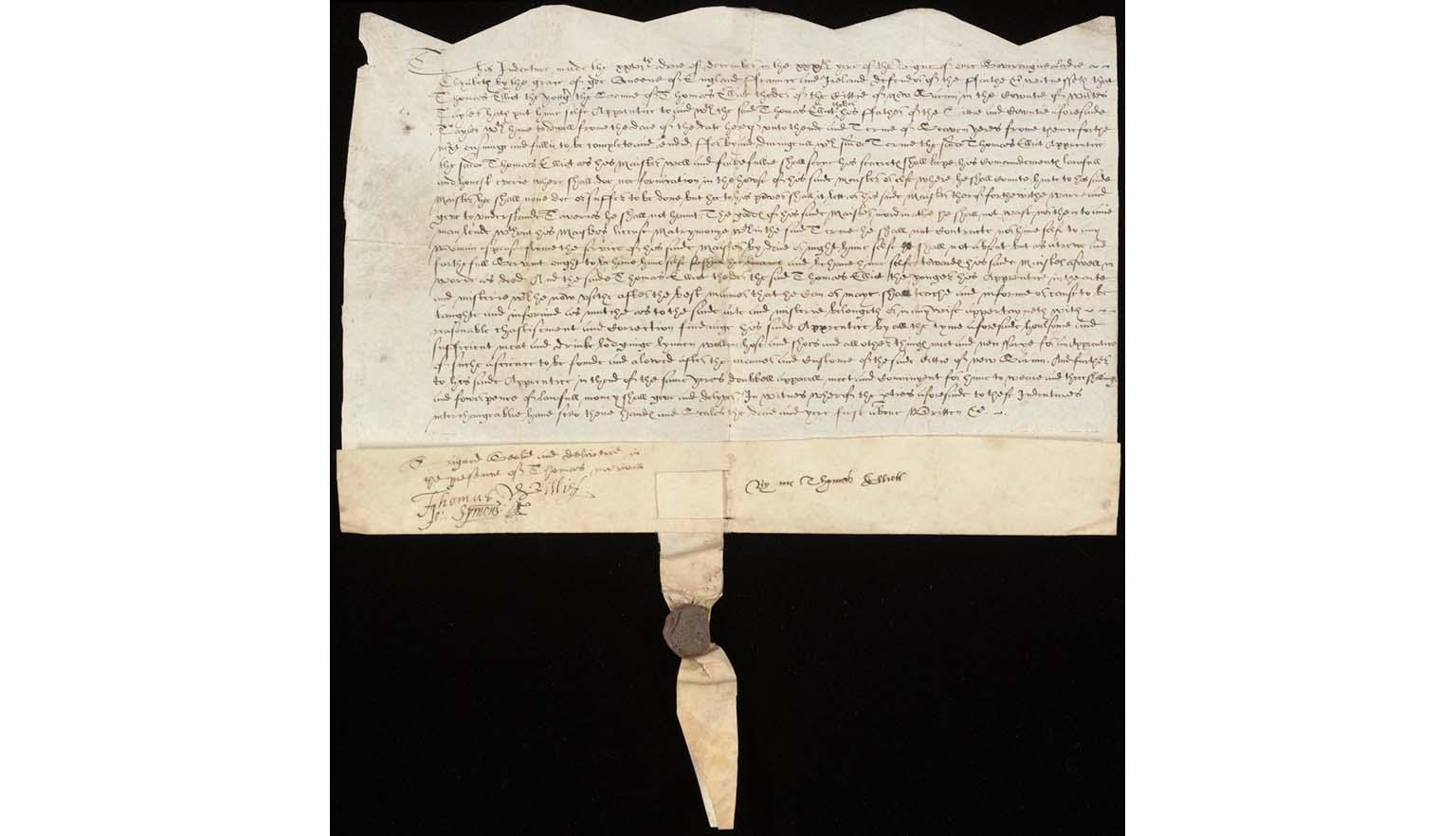A handwritten contract. The top edge of the document is cut in a zig-zag manner. The bottom edge is folded once and a tail/strip of paper hangs off it. In the middle of the strip is a red wax seal with a crest on it.