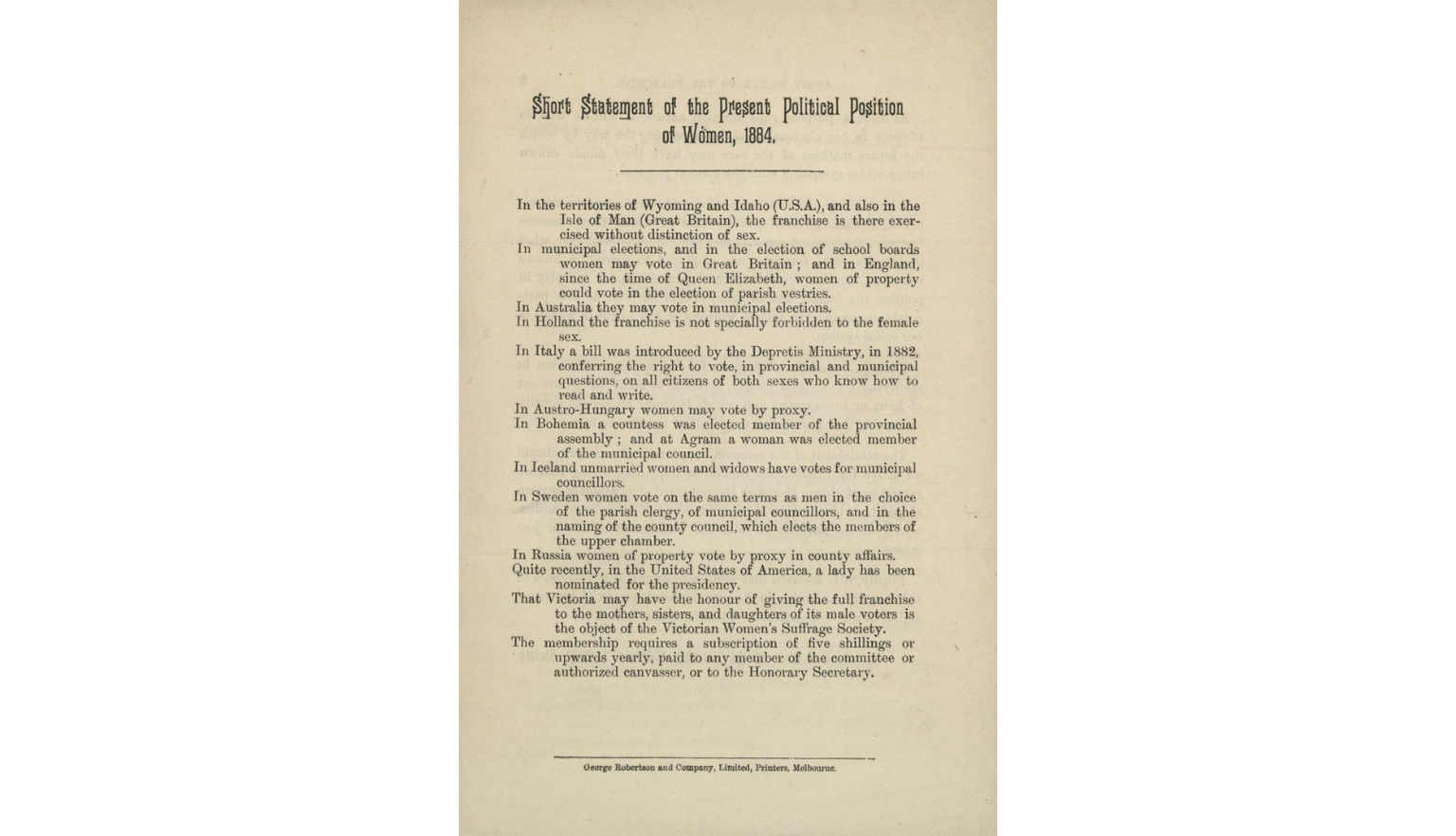 Page titled "Short Statement of the Present Political Position of Women, 1884" listing various countries and their voting rights for women.