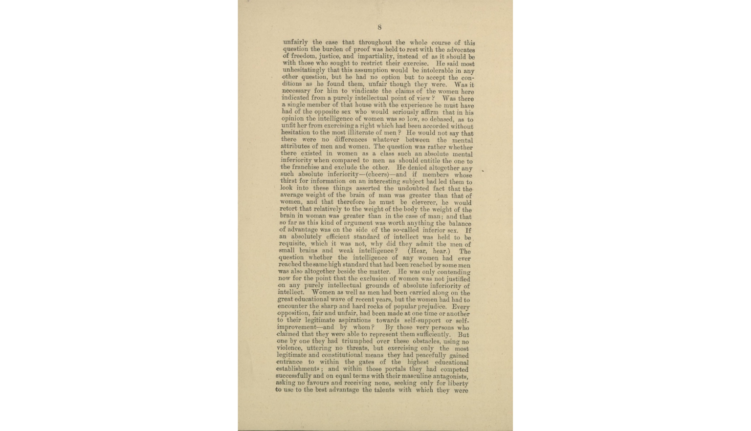 Page from a book with dense printed text discussing the argument for women's suffrage.