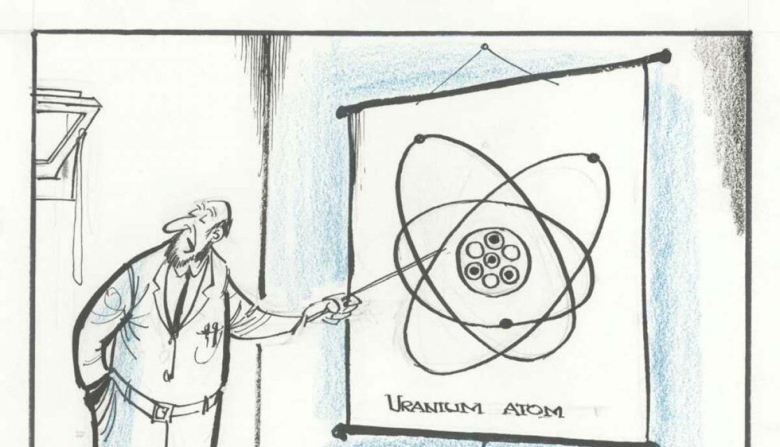 cartoon of a man gesturing to a diagram of the uranium atom