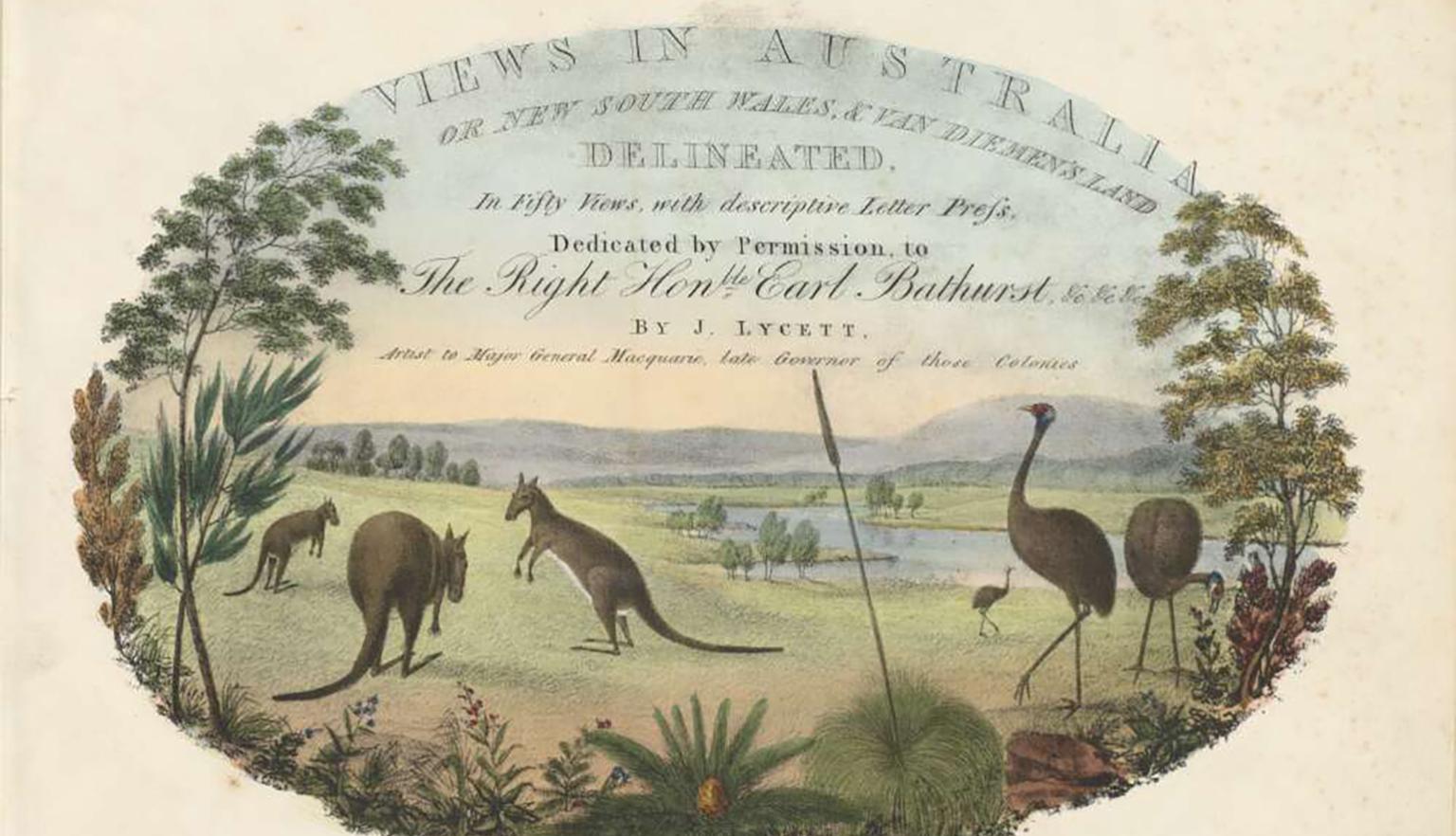 An illustrated book cover with 3 kangaroos and 3 emus in the foreground surrounded by native flora, with a lake and trees in the background