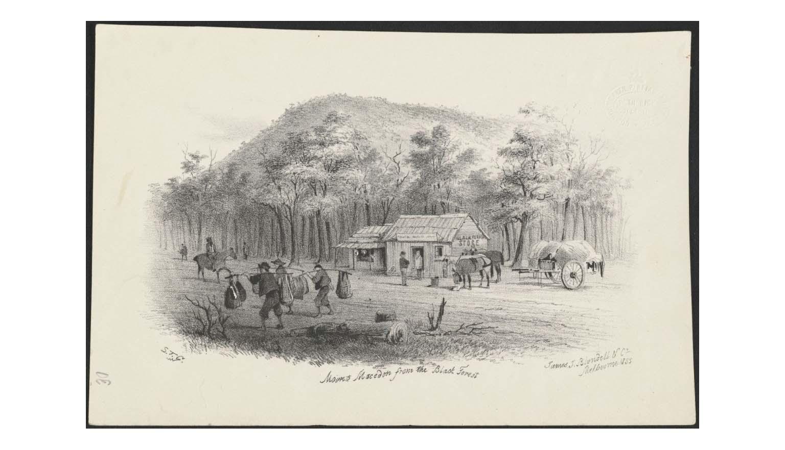 A black and white print  of a drawing of men with long poles and bags at either end carrying them along a road past a house with a couple watching next to 2 feeding horses and a cart of hay.