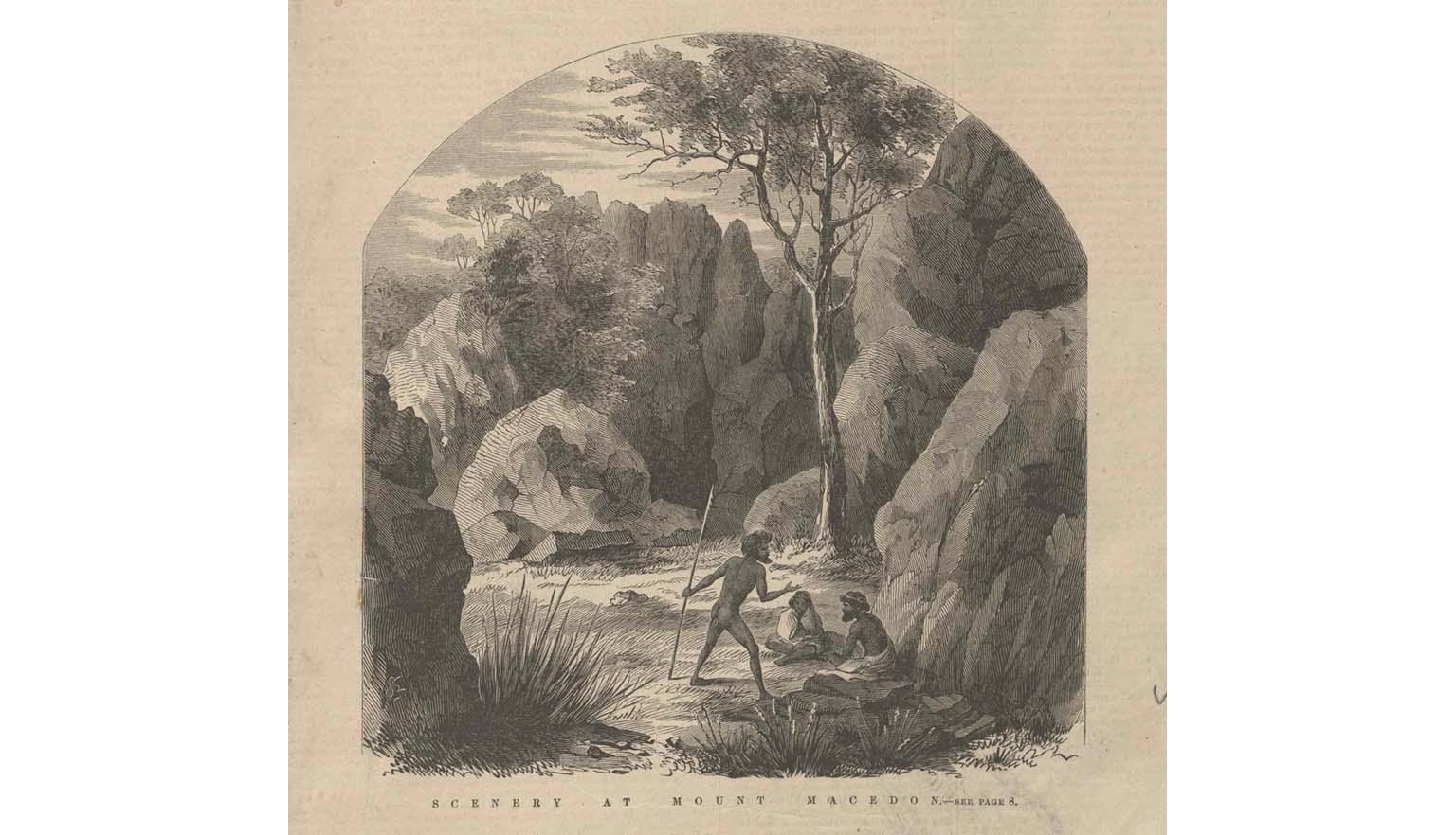 A black and sepia toned wood engraving of an Indigenous man holding a spear resting on the ground while talking animatedly to another Indigenous man and woman sitting on the ground amongst tall boulders, grasses, shrubs and trees.